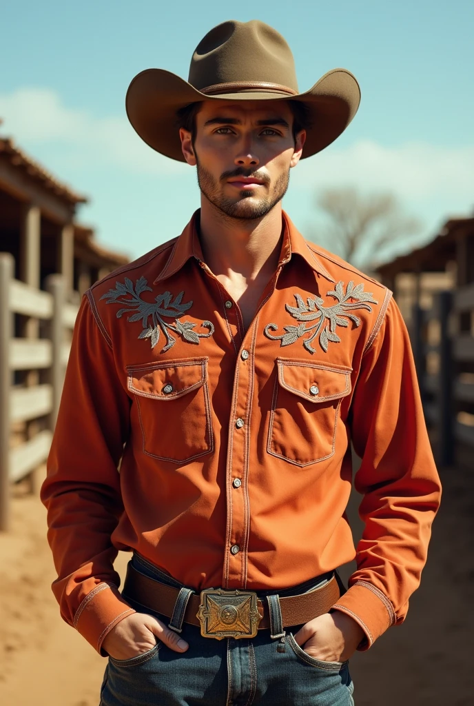 Young man of age , cattle rancher, from the 50s, Photograph only colors in his corral, of shirt and hat 
