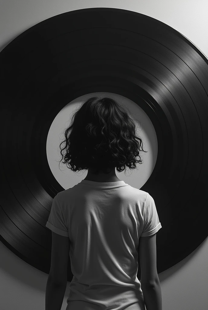 Music layer: LP record with a age girl with her back turned inside the record as if it were a mirror with her back turned black curly hair and black and white image trying to hide