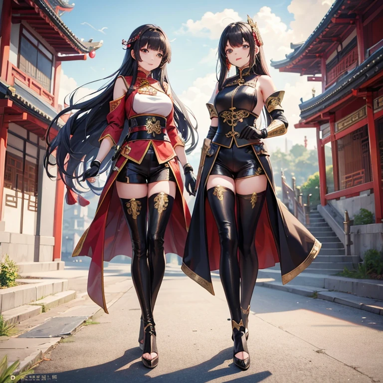 Young Asian Sisters use Chinese Knight Armor and Asian Princess with Leather Pants, with leather gloves, Long Hair with Full Bangs, Chinese Castle, Smile, Friendly, Anime 8k, Full Body.
