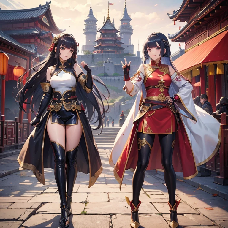 Young Asian Sisters use Chinese Knight Armor and Asian Princess with Leather Pants, with leather gloves, Long Hair with Full Bangs, Chinese Castle, Smile, Friendly, Anime 8k, Full Body.