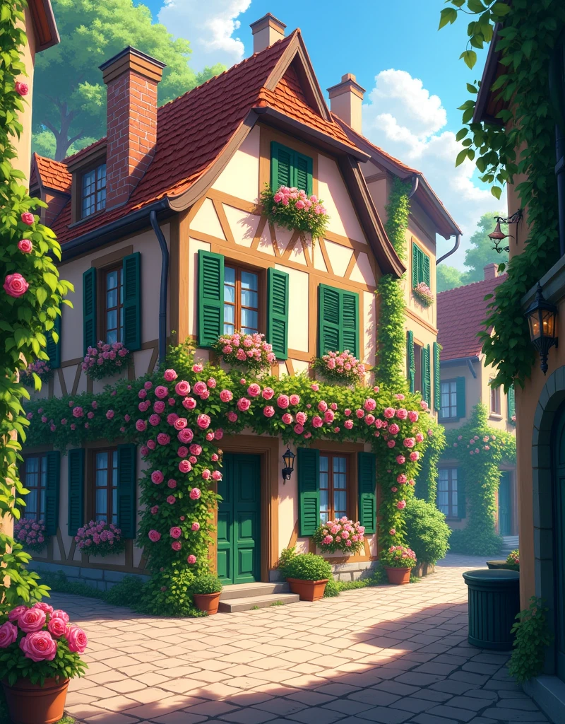 A highly detailed anime-style illustration of a picturesque European street. The main building in focus has an old-world charm, with its facade intricately painted with vibrant floral patterns. Pink and red roses cascade down from the roof, covering the walls in a lush, blooming display. The building features classic windows with green shutters, partially open to let in the warm sunlight, which casts gentle shadows across the cobblestone street. Surrounding buildings are equally quaint, adorned with ivy and small potted plants, contributing to the street's lush, green atmosphere. The overall scene should evoke a sense of peace and whimsy, capturing the magic of a serene, flower-covered alley in a historic town, with warm lighting that enhances the fairy-tale mood.