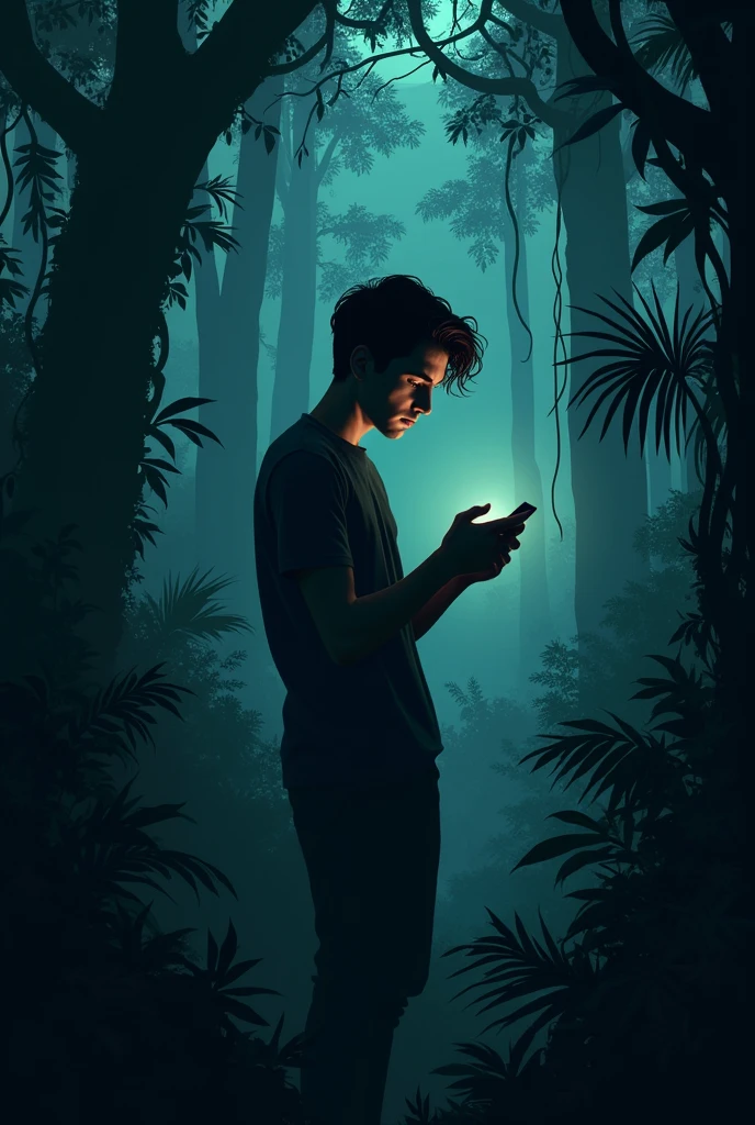 গভীর জঙ্গল একজন যুবককে রাতের বেলা ফোনে কথা বলছে