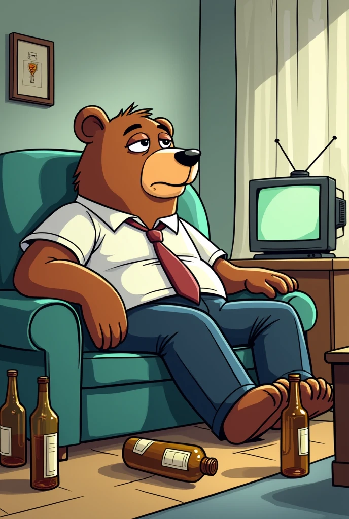 cartoon illustration of a drunk bear on the sofa in work clothes, with some bottles around you and watching something on TV