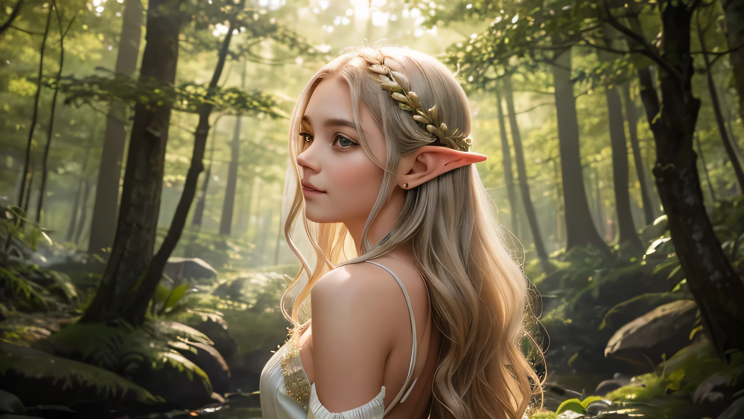 "A young elven daughter stands with an air of youthful grace and curiosity. Her delicate, pointed ears are adorned with simple yet elegant jewelry, reflecting her noble heritage. Her hair, a cascade of shimmering gold or soft silver, is styled in loose waves that frame her face and flow down her back. She wears a light, flowing dress or tunic, crafted from fine, ethereal fabrics in soft, natural colors like pale greens, blues, or earthy browns, which enhance her connection to the forest and nature. Her eyes are large and expressive, capturing a sense of wonder and innocence, with their color reflecting the hues of the forest—perhaps a vibrant green or a deep, clear blue. The dress is subtly decorated with intricate patterns or embroidery, hinting at her elven lineage and magical heritage. The background is a serene forest glade or a sunlit clearing, with dappled light filtering through the trees, casting a warm glow on her. The scene conveys a sense of peace and enchantment, highlighting her youthful beauty and the harmonious relationship she has with her natural surroundings. Her expression is one of curiosity and joy, as if she is discovering the magic of her world for the first time."