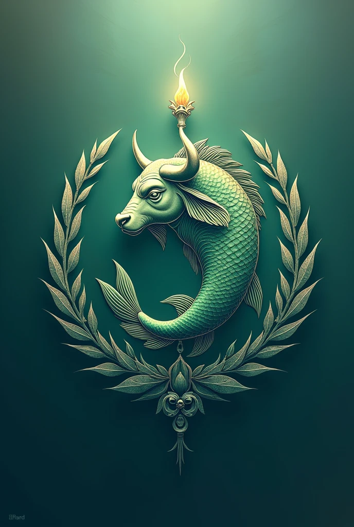 Design a logo featuring a unique combination of a fish and a water buffalo, adorned with a torch and laurel elements. Incorporate shades of green and blue to convey a sense of harmony and tranquility. Be creative and innovative in showcasing the fusion of these symbols to symbolize strength, power, and growth. make it color green and blue and remove background