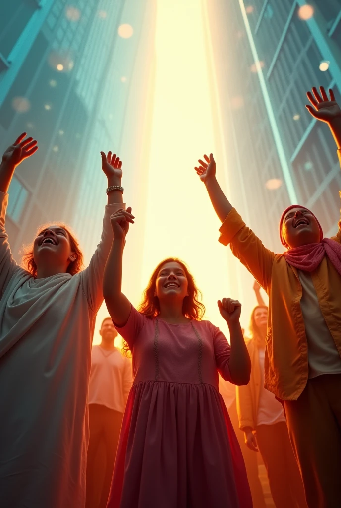 A WELL-LIT HDR photograph,Liberation and New Life: images of people smiling, with hands raised to the sky, someone breaking like chains of light) to represent liberation and a new beginning.

sandy and high dynamic range of a Liminal space,
 evoking a sense of GOOD Omen, with a MEN AND WOMEN, CHILDREN, ALL DRESSED MODESTY, IN A MODERN CITY, LOOKING at an image of light shining through the clouds, 
capturing the essence OF A HEAVENLY PLACE, with shallow depth of field, emphasizing textures and CLEANLINESS, 
and a soft color palette of LIGHT blues, RED, YELLOW, ORANGE, with touches of neon light penetrating from ABOVE 
casting a WONDERFUL glow across the entire scene.
