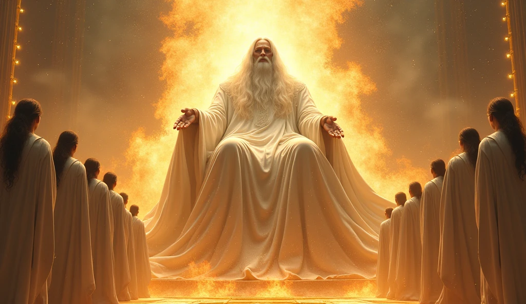 Draw a super gigantic God , white color long hair and beard, face of light, dressed in shimmery gold and white robe, seated on His Mighty firery gold and white Thrown, light eyes, realistic, 24 elders in white robe, around Him, 32K UHD, Style raw.