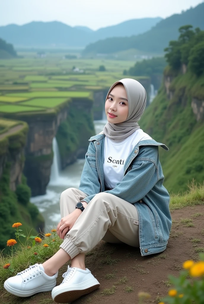 Beautiful Korean girl, smooth white skin, well-groomed face, cream gray hijab, cream gray jeans jacket, white T-shirt with the Santi logo, cargo pants, cool black watch, white shoes, posing sitting on a high mountain, with the background seen from above river flowing fast from the waterfall. . Trees, green and spacious rice fields, cliffs covered with moss and beautiful flowers, original and realistic photos.