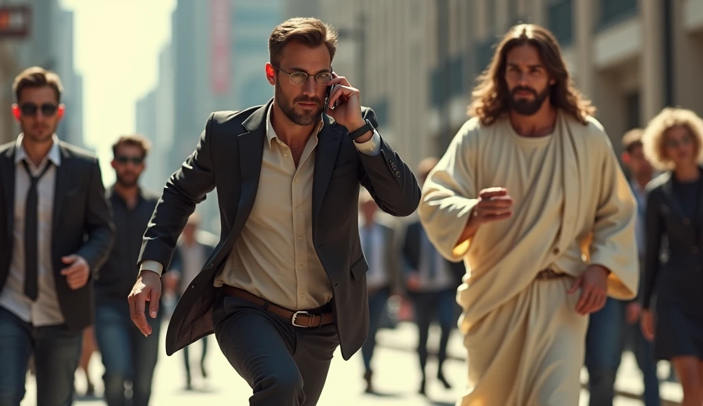 Man with no time for Jesus pushes Jesus, showing that he is in a hurry while talking on the cell phone and running