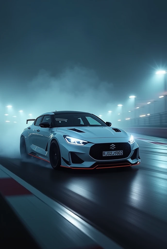 Generate a new model sports dzire car on racing track in night in fogy condition whose no plate is RJ32CF4002 white colour