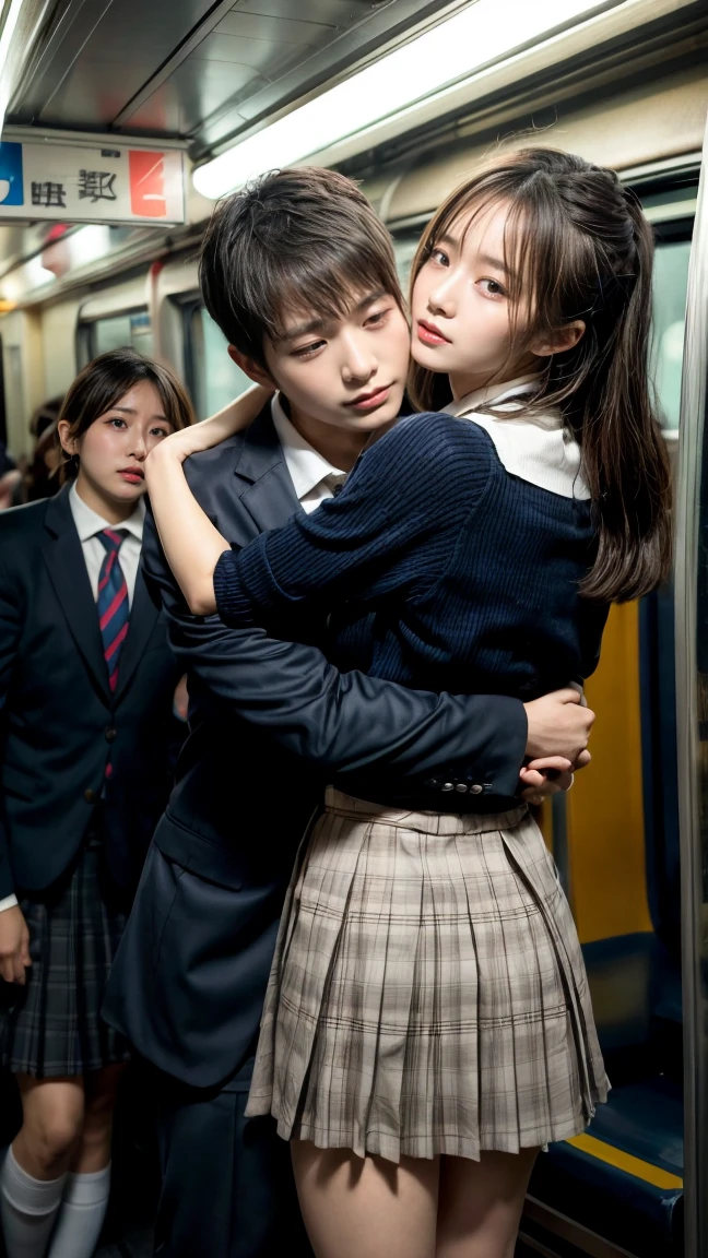 masutepiece, of the highest quality, High resolution, from back
grasp, ,
High school girl grabbed by the buttocks on the train,
(School uniform, Pleated skirt),
Beautiful One Girl, a blond, Side Ponytail, Beautiful face, Beautiful detailed eyes, Beautiful body, Beautiful chest, beautiful thigh,
(3 Male, (molesting), (Man grabbing girl's ass on train:1.5, Man grabbing girl's chest on train:1.2)),