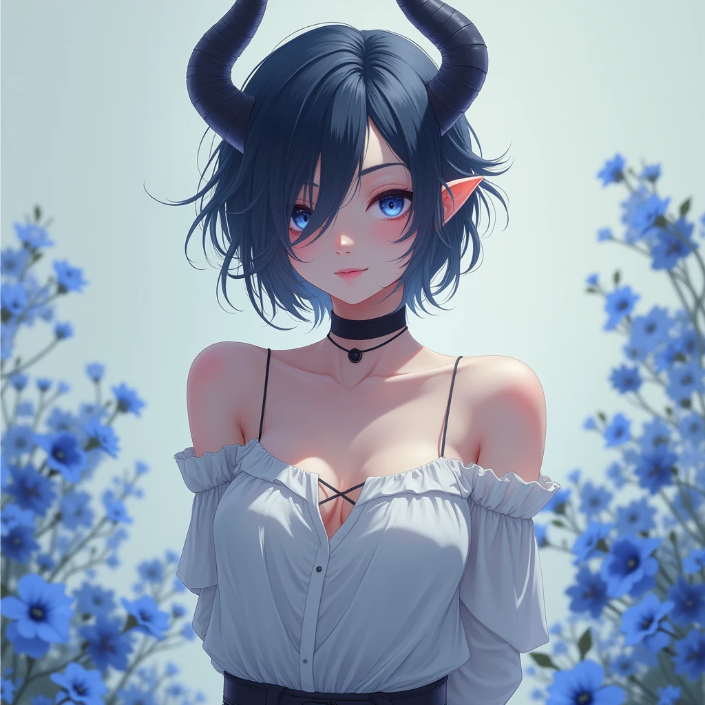 1 girl, bethel, blue eyes, bare shoulders, old, medium old, short hair, by white, hair over one eye, hits, gloves, sleeveless, Alone, shirt, fingerless gloves, white shirt, sleeveless shirt, arms behind the back, off the shoulder, horns, smile, (masterpiece), (Best Quality), (ultra detailed), inside, simple background, blue flowers, 