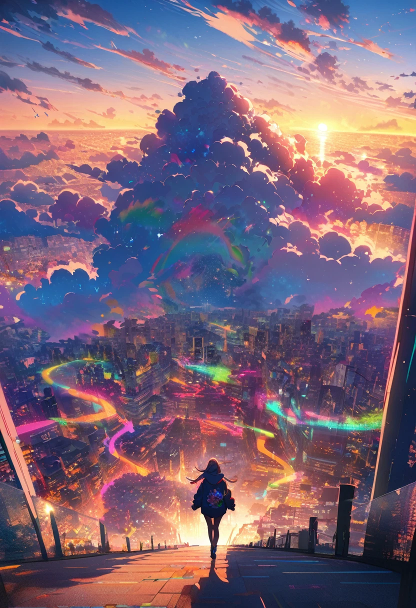 angelic, detailed woman who is walking, woman wearing hoodie, highest billding in city, road, sunrise, horizon, skyline, in the sky, city of clouds, colorful, high-res, 8K