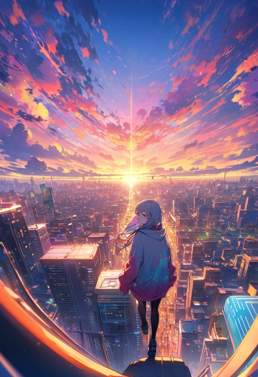 angelic, detailed woman who is walking, woman wearing hoodie, highest billding in city, road, sunrise, horizon, skyline, in the sky, city of clouds, colorful, high-res, 8K