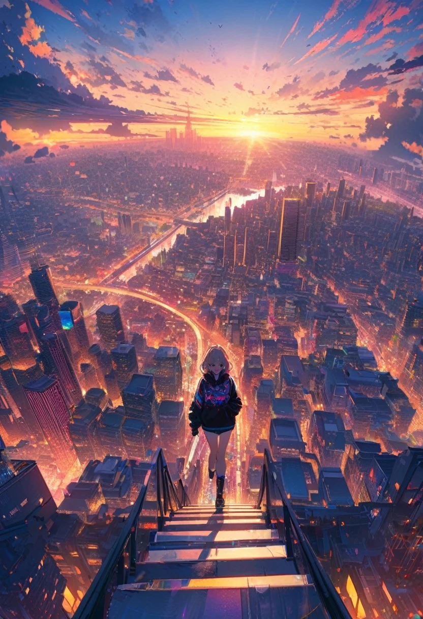 angelic, detailed woman who is walking, woman wearing hoodie, highest billding in city, road, sunrise, horizon, skyline, in the sky, city of clouds, colorful, high-res, 8K