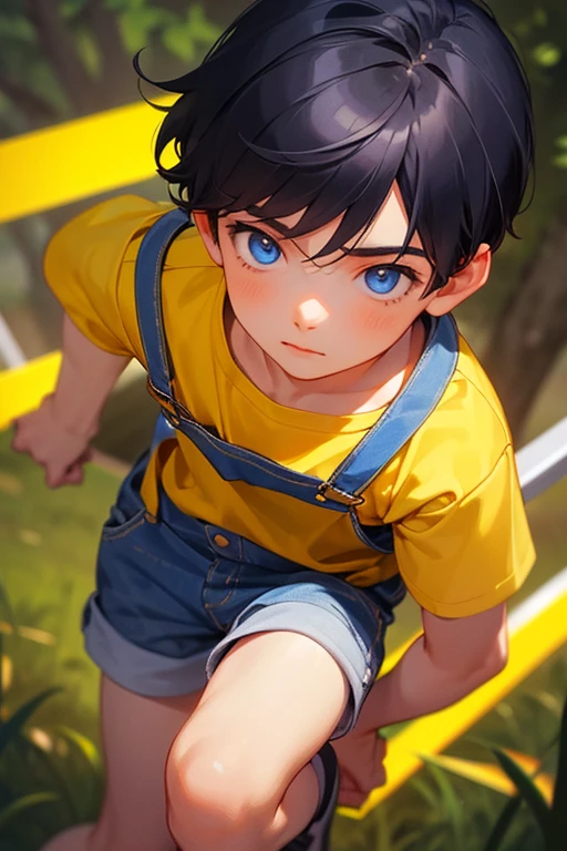 1boy,  british boy in overalls with shorts and a yellow shirt underneath, dynamic knee poses, glowing blue eyes, outdoor, close-up