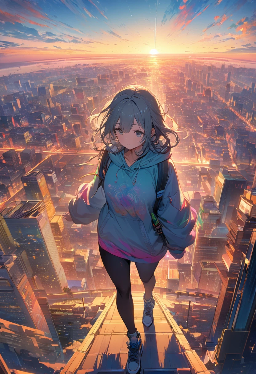 Create exquisite illustrations reminiscent of Makoto Shinkai's style, It has ultra-fine details and top-notch quality. angelic, detailed woman who is walking, woman wearing hoodie,  highest billding in city, road, sunrise, horizon, skyline, in the sky, city of clouds, colorful, high-res, 8K