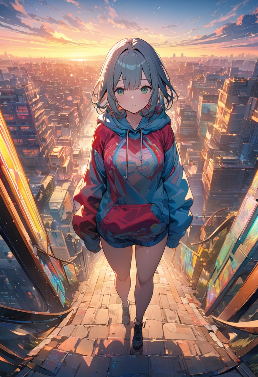 Create exquisite illustrations reminiscent of Makoto Shinkai's style, It has ultra-fine details and top-notch quality. angelic, detailed woman who is walking, woman wearing hoodie,  highest billding in city, road, sunrise, horizon, skyline, in the sky, city of clouds, colorful, high-res, 8K