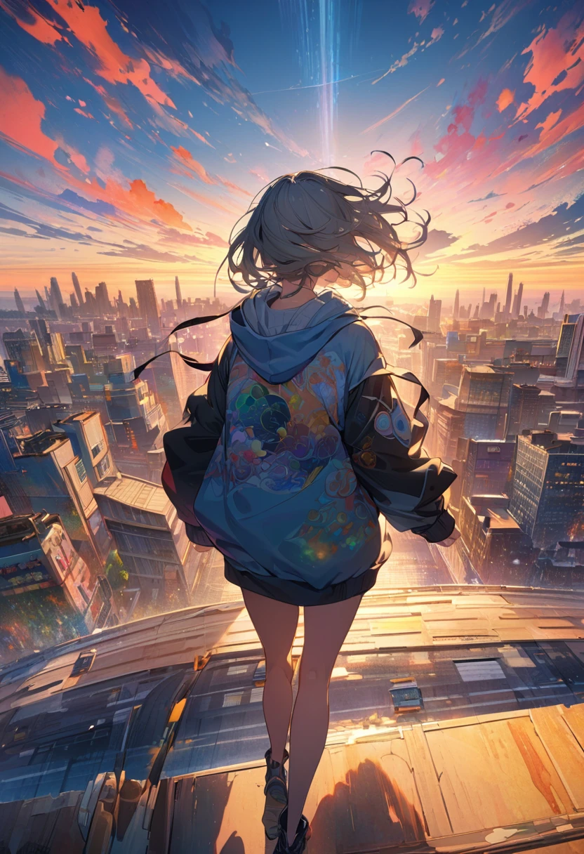 Create exquisite illustrations reminiscent of Makoto Shinkai's style, It has ultra-fine details and top-notch quality. angelic, detailed woman who is walking, woman wearing hoodie, highest billding in city, road, sunrise, horizon, skyline, in the sky, city of clouds, colorful, high-res, 8K