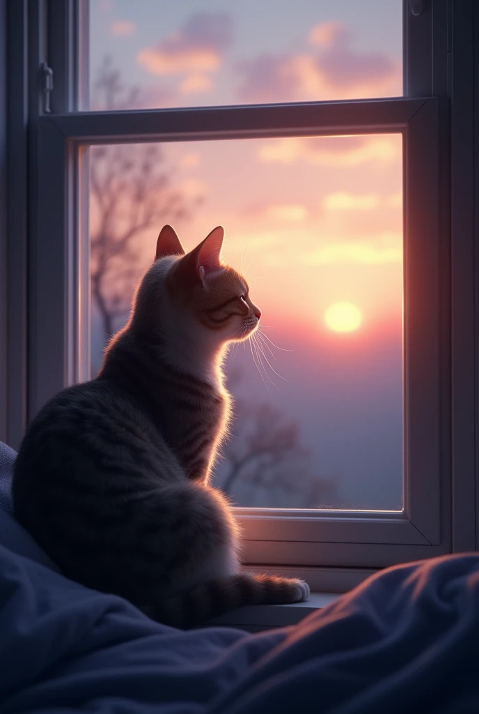 Cat waking up and looking out the window, watching the sunrise]**
