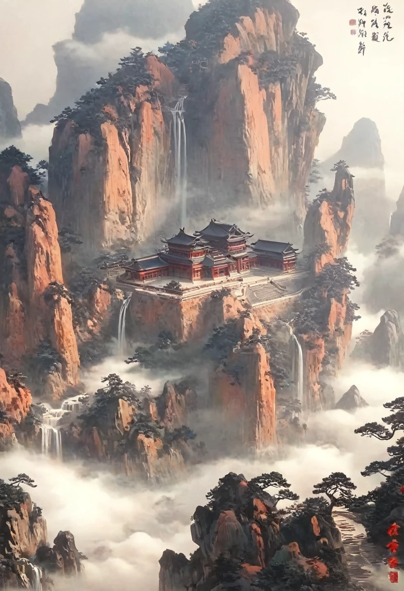 Chinese landscape painting,Landscape artistic conception,Zen Aesthetics,Zen composition,Ancient Chinese architectural complex,cloud,cliff,pine,fall,Elk,Rich in light,Takayama,Qingshan,The Minimalists,Extreme details,unmatched details,Special effect、Realism and exquisite details,Tyndall effect。Immortal Cultivation World