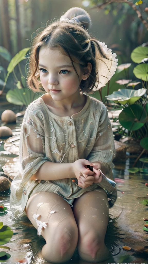 a cute child sitting in a white lotus pond, beautiful detailed eyes, beautiful detailed lips, extremely detailed face, long eyelashes, porcelain skin, serene expression, intricate lotus flowers, still water reflection, natural lighting, vibrant colors, (best quality,4k,8k,highres,masterpiece:1.2),ultra-detailed,(realistic,photorealistic,photo-realistic:1.37),digital painting,fantasy art