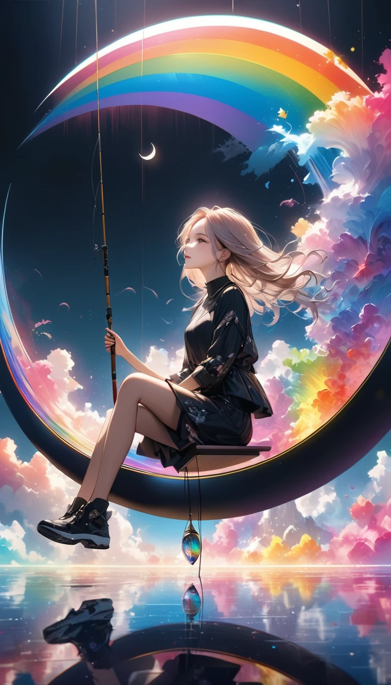 Ultra-realism, Attractive fishing girl sitting on a crescent moon, 1 person, A very thin line hanging straight down from a fishing pole, Pink short bob、Aesthetic globe on top, Transparent and beautiful internal lighting, BREAK Attractive expression, Ultra-detailed details, Ultimate Quality, Luxurious minimalism, A simple and majestic composition, Ultimate Quality, Artistic design, Dark pop fantasy, Crystal Coating, Holographic Reflection, Amazing iridescent fog, Refined aesthetics,