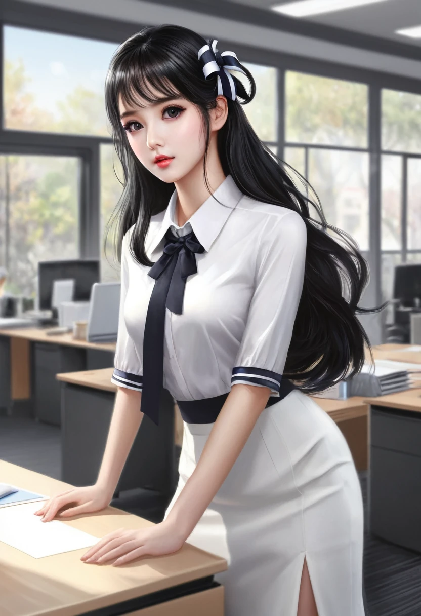 best quality, (realistic:1.2), 1 girl, alone, detailed face, Face focus, stand, black hair,(hair accessories:1.35),Office lady, Ribbon sleeve, arms separated, Ribbon Cutting, wide arms, (look at viewer:1.5) long hair, black eyes, smooth, lips,