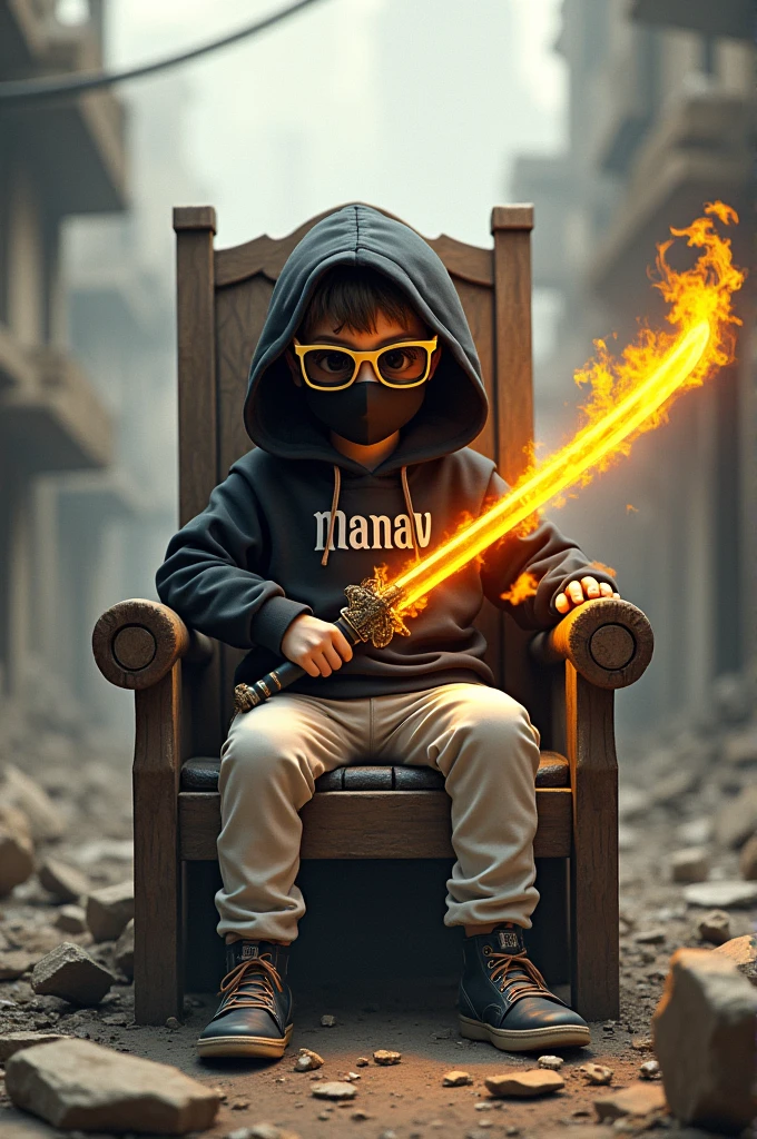  In a desolate, post-apocalyptic cityscape, a 2 boy with a fierce attitude sits on king chair, his hand grasping a vibrant yellow fire katana. the boy’s confidence and determination shine brighter than the ruins around him. He wears a black hoodie with ‘Manav’ emblazoned on it, white pants, sunglasses, and a face mask, exuding a sense of mystery and coolness.