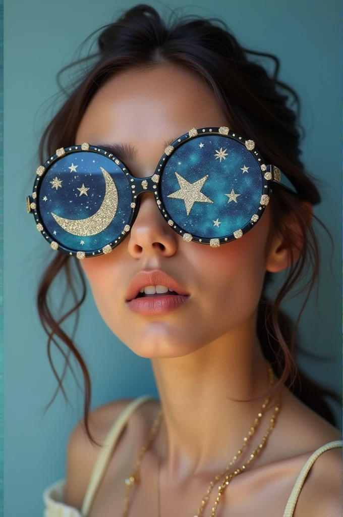 The model is wearing glass sunglasses with stars and the moon on the glass