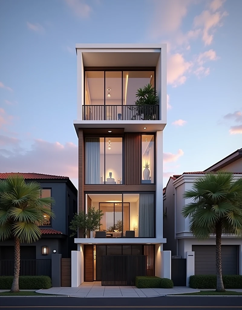  maison de ville moderne sur rue, (sun set), arbre tropical, couleur vive, paysages de rue, white tone, white wall, Large glass door, (Warm interior lighting:1.2), wood and marble, best quality, 18ArchiAI_VL-v1