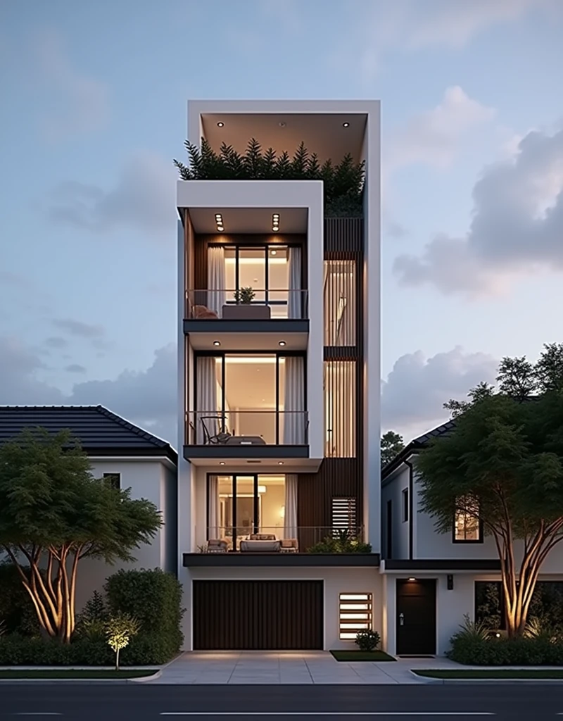 maison de ville moderne sur rue, (sun set), arbre tropical, couleur vive, paysages de rue, white tone, white wall, Large glass door, (Warm interior lighting:1.2), wood and marble, best quality, 18ArchiAI_VL-v1