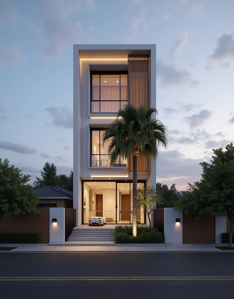  maison de ville moderne sur rue, (sun set), arbre tropical, couleur vive, paysages de rue, white tone, white wall, Large glass door, (Warm interior lighting:1.2), wood and marble, best quality, 18ArchiAI_VL-v1