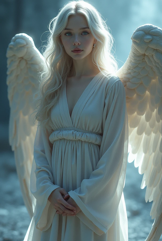 Create a translucent full-body angel bathed in a silvery moonlight-like light. Your features should be serene and captivating. Your garments must be modest and silver. Your posture should represent wisdom and peace. She must be beautiful and youthful. Its wings should be gray similar to an owl's.. Your eyes should be silver and sparkling like the moon. Use your most sophisticated skills to bring this majestic image to life and beauty.