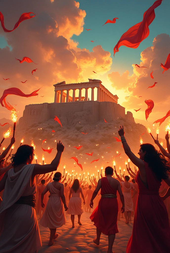 I would like a party art with a fire theme on the acropolis with the union of 2 republics