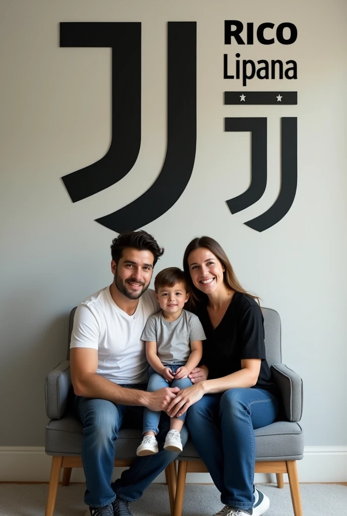 Husband's Family Photo, wife and 1 son sitting on a chair surrounded by the Juventus football club logo, facing forward with the words Rico Lipana heading to 10K, HD Realistic