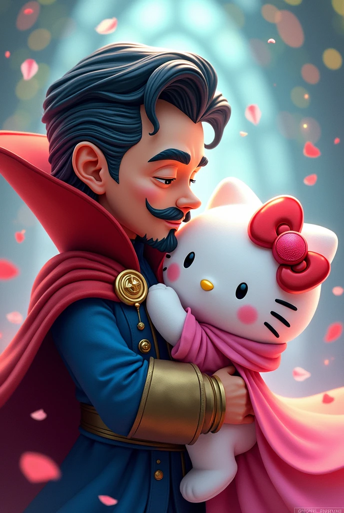Create a drawing of Dr.. Strange with beard in love with Hello Kitty giving a kiss cartoon version kawaii