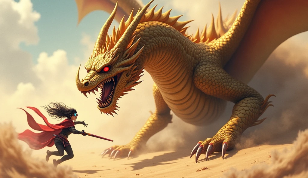 Golden Tenryu,Intense red eyes,Close-up shot of blood coming out of the nose.,Chest scales,High quality,8ก,Lots of details,Fire lettuce,Alas!,4 legs,Spotted claws,gold,dangerous,Fire,Sharp teeth,huge dragons,Bigness,threaten,Tax collection,The camera captures the vast emptiness of the desert as Aria rides her motorcycle through the dunes.,female character wearing goggles , In the style of cyberpunk imagery, the ground beneath her suddenly began to shake, the sand began to swirl violently as the dragon shot up from the sand in an explosion of sand and dust.