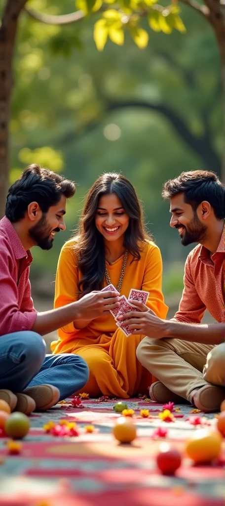 poster,Cover Design,Three Indian youngsters, two men and one woman, are playing cards outdoors.,Looking at the audience,carpet,fruit,Flowers,Trees,High-impact shots,Joyful smiles,photography,Photograph,