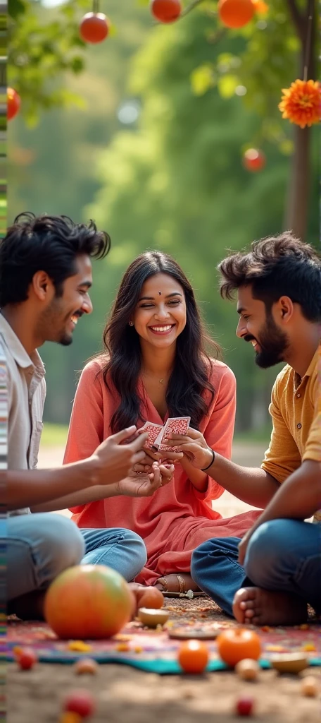 poster,Cover Design,Three Indian youngsters, two men and one woman, are playing cards outdoors.,Looking at the audience,carpet,fruit,Flowers,Trees,High-impact shots,Joyful smiles,photography,Photograph,
