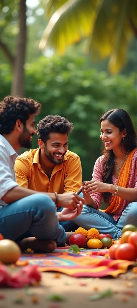 poster，Cover Design，Three Indian youngsters, two men and one woman, are playing cards outdoors.，Looking at the audience，carpet，fruit，Flowers，Trees，High-impact shots，Joyful smiles，photography，Photograph，