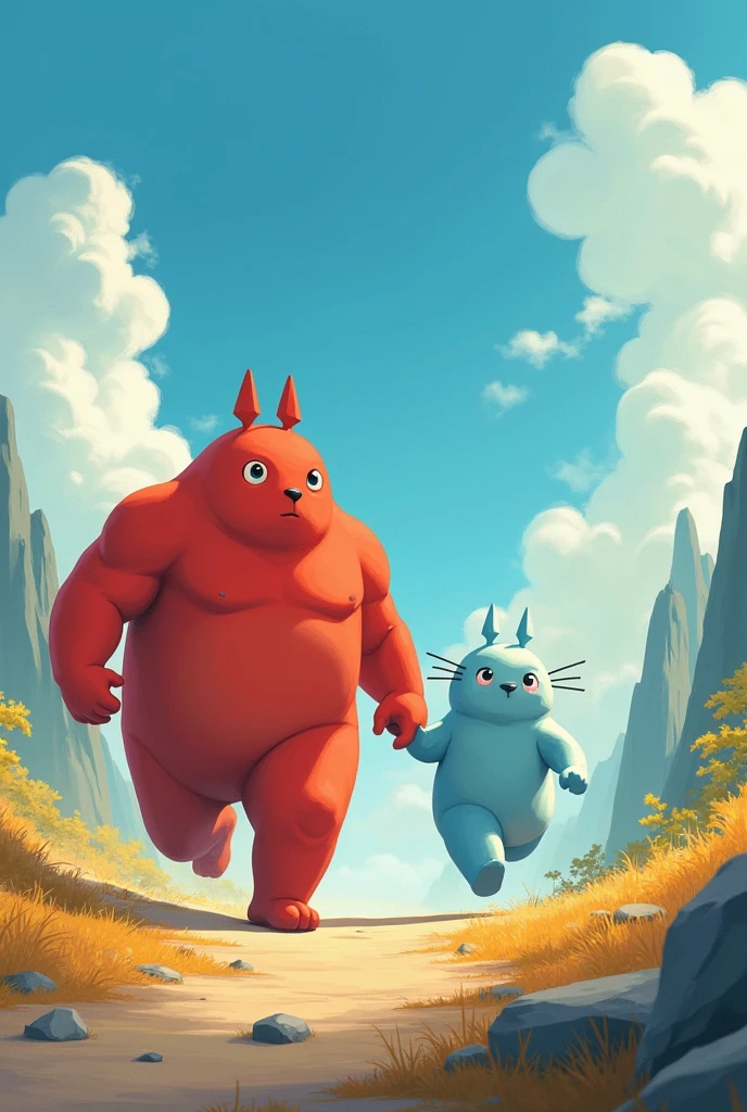draw and create two cute characters, they must be formless non-human beings like studio ghibli . Strength and Movement they are friends adventurers and super brave. Strength robust red and Movement light blue, these on a fantastic land of Energyland, with running poses

