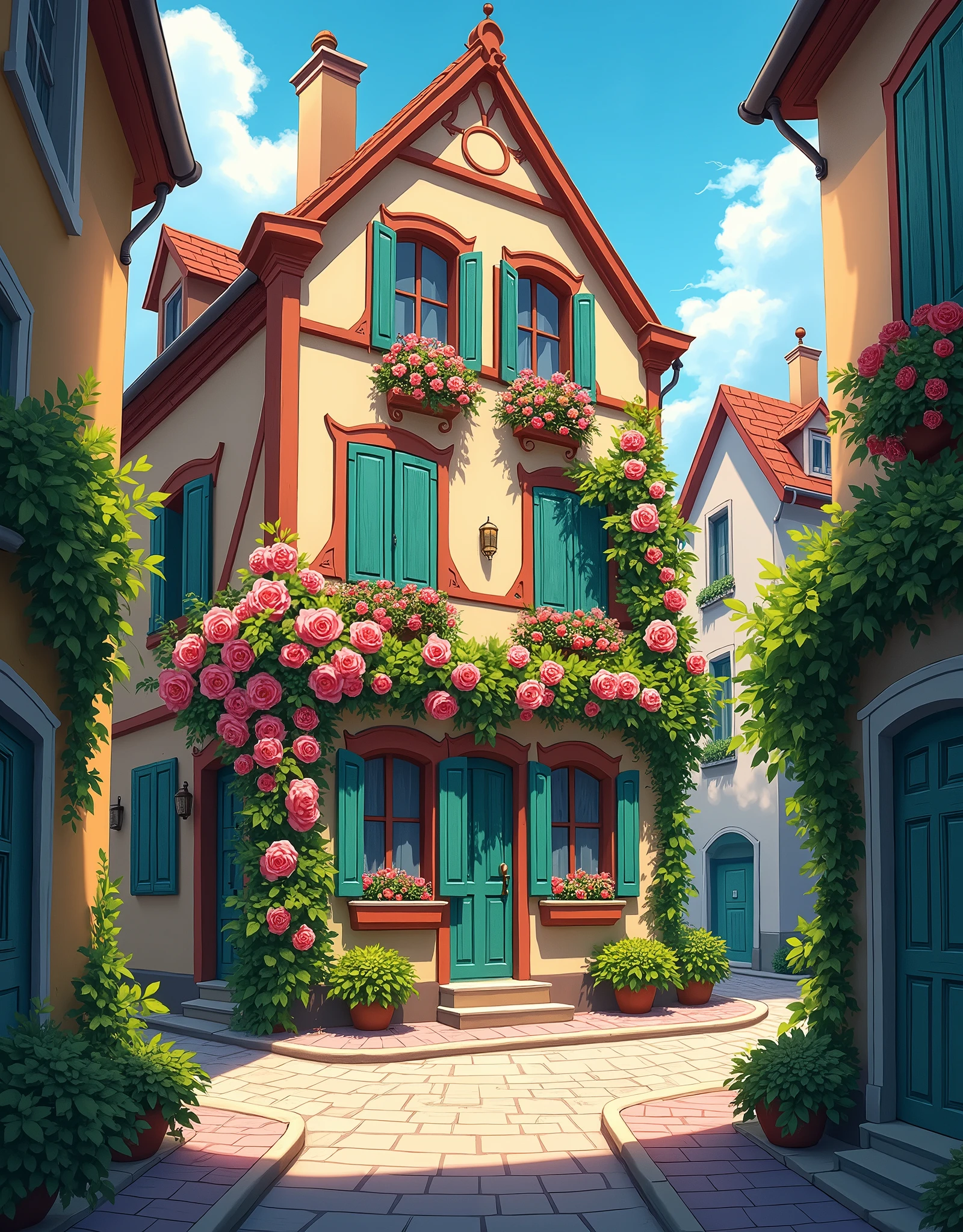 A highly detailed anime-style illustration of a picturesque European street. The main building in focus has an old-world charm, with its facade intricately painted with vibrant floral patterns. Pink and red roses cascade down from the roof, covering the walls in a lush, blooming display. The building features classic windows with green shutters, partially open to let in the warm sunlight, which casts gentle shadows across the cobblestone street. Surrounding buildings are equally quaint, adorned with ivy and small potted plants, contributing to the street's lush, green atmosphere. The overall scene should evoke a sense of peace and whimsy, capturing the magic of a serene, flower-covered alley in a historic town, with warm lighting that enhances the fairy-tale mood.