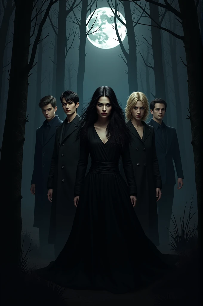 I want an image where the background is a forest at night, There are 3 men standing dressed in black, some with black hair, another with brown hair and the last with blonde hair and above all I want there to be a woman with black hair