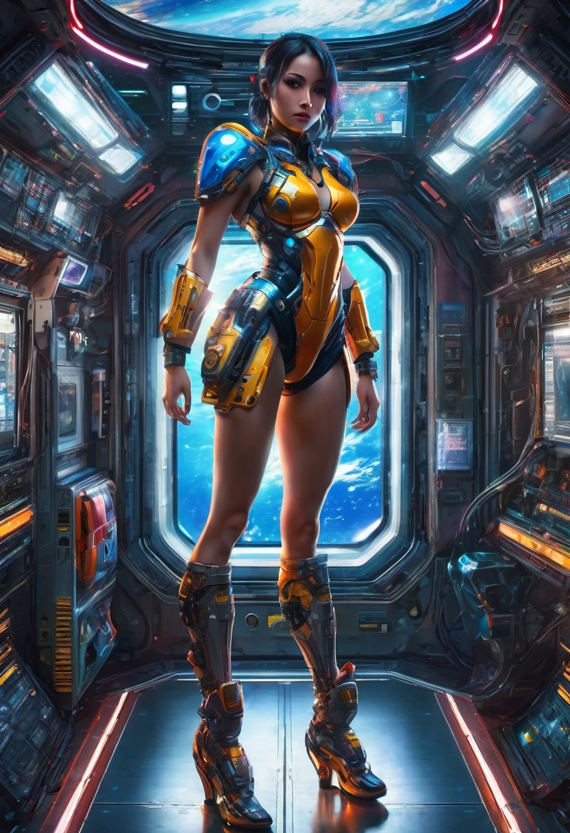 (whole body), obvious, A realistic image of a young warrior, beautiful, abundant, spectacular, bodybuilder legs, In a uniform with a miniskirt, cyberpunk , ((Located in the space station control center)), vivid eye color, ((Complex machine details)), high quality, bright, Reflection of light, Cinematic full shot, realism, fancy, vivid colors,8 thousand