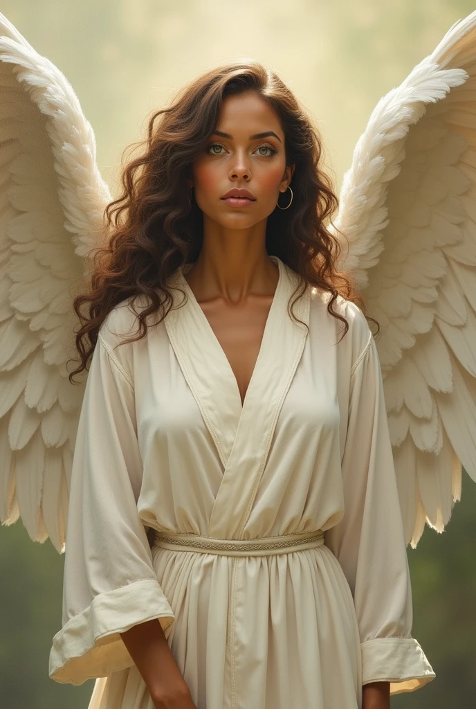 an oil painting of a light brown-skinned woman, green eyes and curly brown hair dressed as an angel, She has a white dress and big wings.