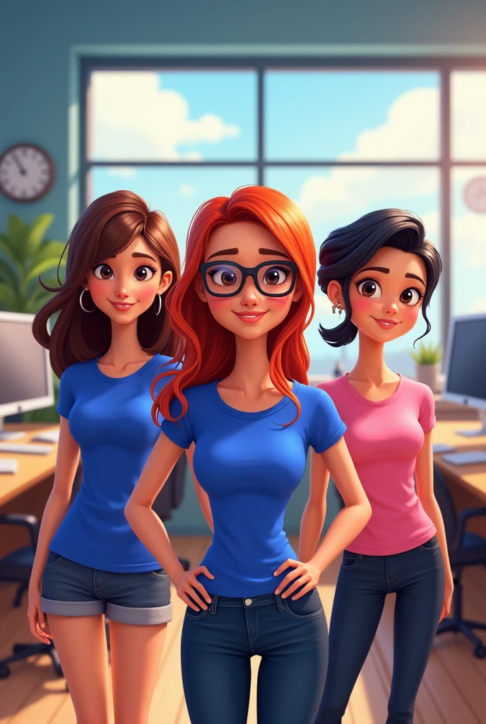 Pixar-style poster of three girls, A girl with medium-short brown hair and a royal blue shirt of medium height, another girl with short red hair with black glasses, short royal blue shirt and another girl with black hair wearing a pink shirt in an office with two desks and two computers