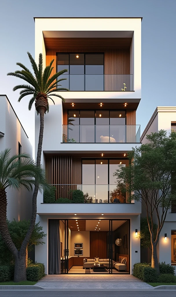  maison de ville moderne sur rue, (sun set), arbre tropical, couleur vive, paysages de rue, white tone, white wall, Large glass door, (Warm interior lighting:1.2), wood and marble, best quality, 18ArchiAI_VL-v1