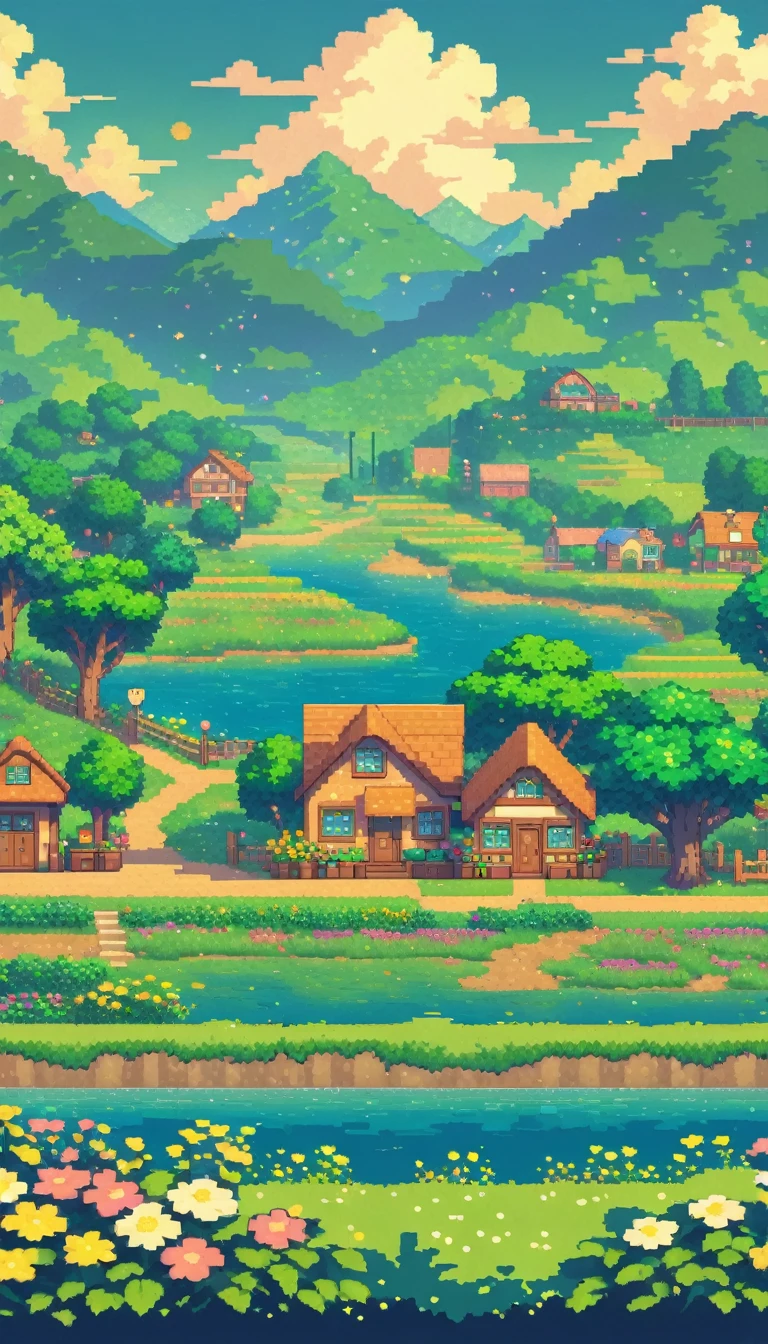 ultrawide landscape lofi stardew valley pixel, kawaii city, No people