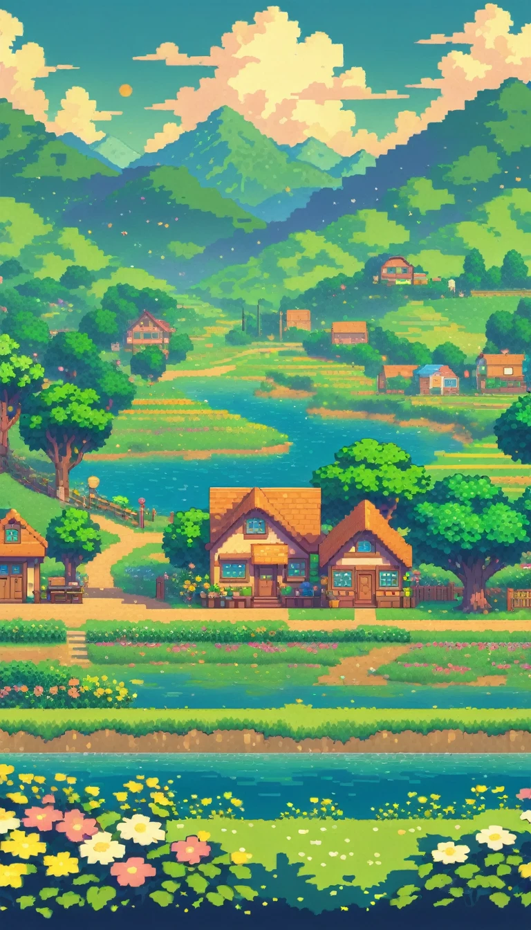 ultrawide landscape lofi stardew valley pixel, kawaii city, No people